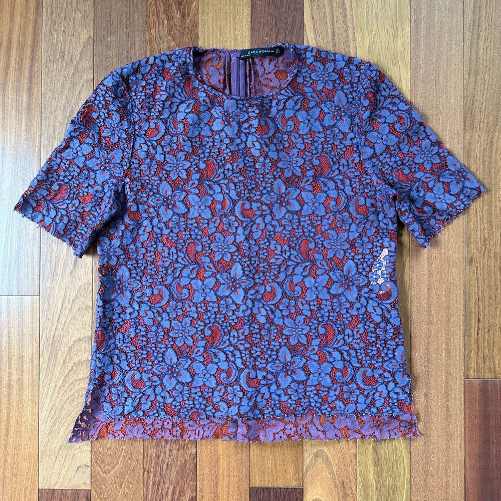 Zara Women See Thru Fishnet & Lace Top Shirt Blouse